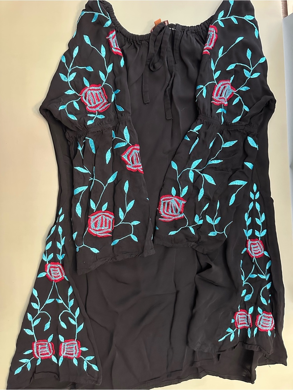 Scully Black Peasant Top with Teal & Red Floral Embroidery